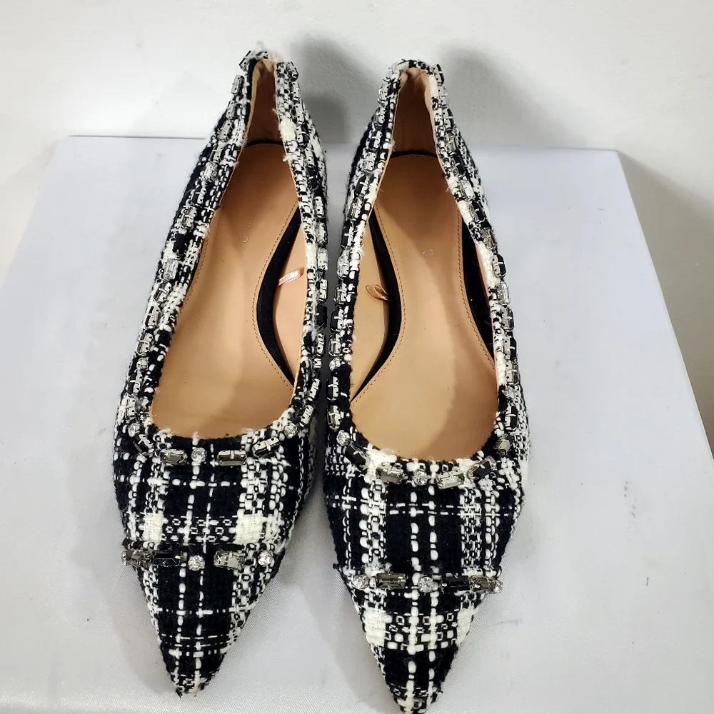 Zara tweed beaded jeweled fabric flat shoes pointed toe size 40EUR - Picture 4 of 12